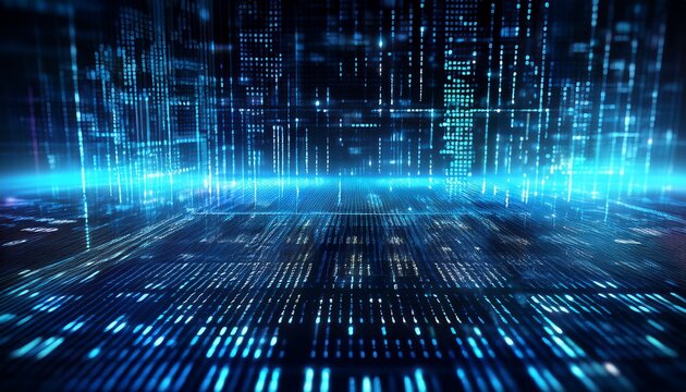 a close up image of binary code in glowing blue representing data cybersecurity or information technology