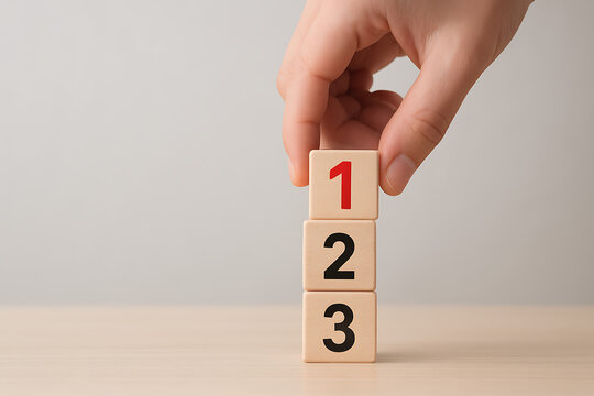 Hand stacking wooden blocks labeled 1, 2, and 3 vertically, symbolizing order, sequence, priority, ranking, steps, development, stages, process, and sequential progress