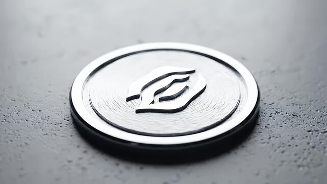 Polished Silver Coin with Abstract Symbol on Textured Gray Surface Under Bright Studio Lighting with Subtle Shadows and Fine Details Reflecting Light