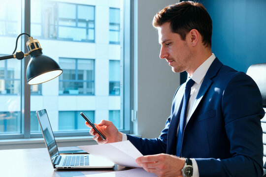 Caucasian young adult man sitting at desk working on laptop while holding smartphone and documents, concentrating on multitasking in modern office with large window background