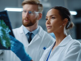 Two scientists intently reviewing an image in a modern laboratory setting. They wear lab coats and protective gloves while focused on the diagnostic image