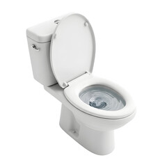 Side view of a toilet bowl with water swirling into the drain, clean white porcelain, realistic hygiene concept. Isolated on white or transparent background. PNG format.