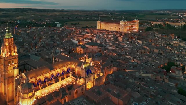 Aerial night view of the historic cityscape of Toledo, Castilla-La Mancha, Spain