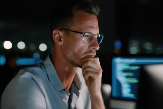 A concentrated man, engrossed in computer code, works late at night, with a thoughtful expression on his face.
