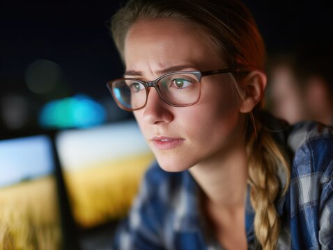 A focused woman staring intently at a computer screen, possibly working late into the night