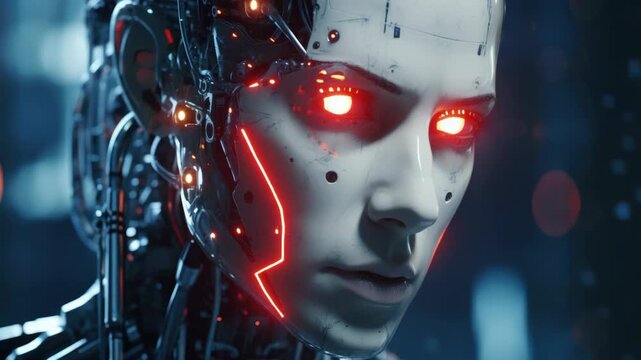 A robot with a human-like face displays intense emotion with red eyes. It's set against a futuristic backdrop with a digital interface and neon lights.