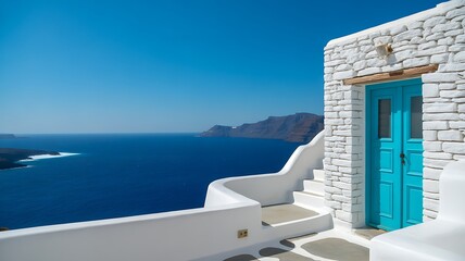 Iconic greek island view with white house, turquoise door, blue sea.