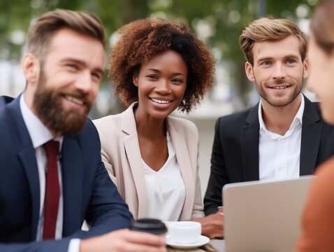 Group of diverse people in a business meeting, conversing and smiling while sitting outdoors with a laptop and a coffee cup