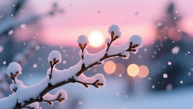 Illustration of the beautiful scenery of dreamy snow branches with lights