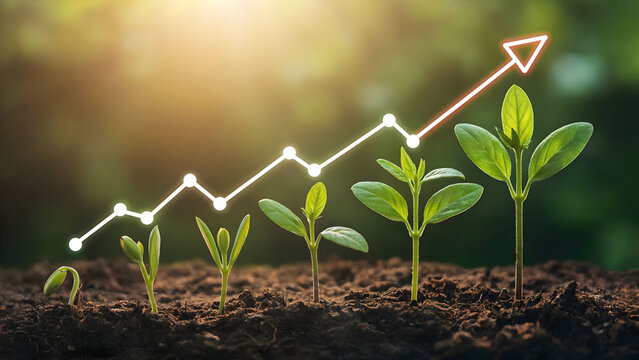 Progress stages of young green plants emerging from the soil combined with an illuminated upward trend chart indicating financial success.