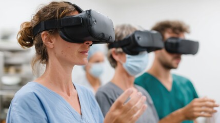 A group of medical professionals experiencing virtual reality in a clinical setting