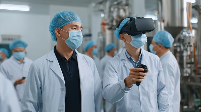 A team of scientist wearing protective masks and lab coats are exploring with VR device. Showing a innovative and technology-driven work environment