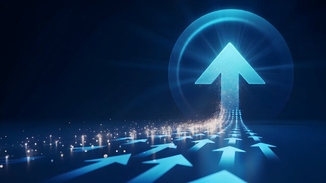 Rising blue arrow symbolizing success and technological advancement, emerging from a path of smaller converging arrows