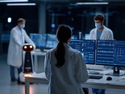 Modern Medical Research Laboratory with Scientists and a Robot