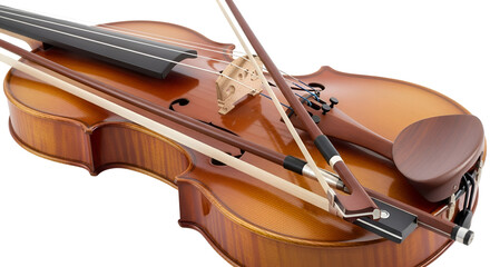 Fototapeta premium Elegant brown wooden violin with its bow resting on the strings.