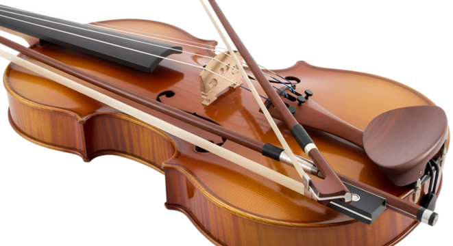 Elegant brown wooden violin with its bow resting on the strings.