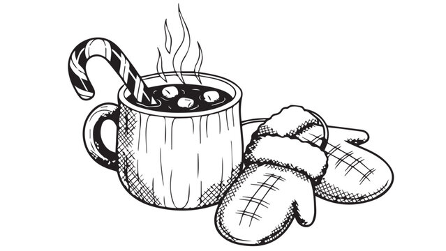 Hand-drawn engraving style illustration of a cozy winter treat, featuring a steaming mug of hot chocolate with marshmallows, a candy cane, and warm mittens - Powered by Adobe