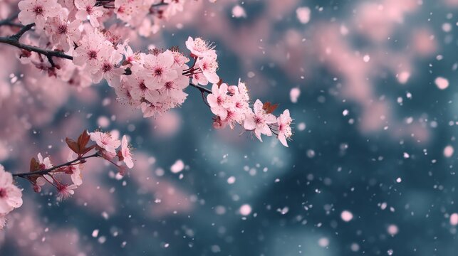 Delicate pink flowers with falling petals create a serene and picturesque scene, evoking feelings of beauty and tranquility.