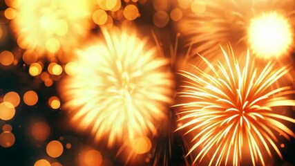 Colorful firework explosion with bright yellow and orange hues in the darkness of night sky.