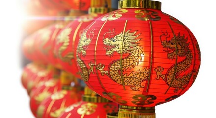 Fototapeta premium Row of red chinese lanterns with golden dragon pattern isolated on white background