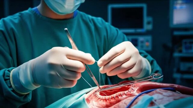 Surgical procedure with suture, surgeon in gloves, stitching wound in the operating room, representing medicine, healthcare, intervention, treatment, and repair