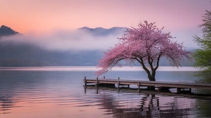 Cherry blossom tree by a serene lake at misty dawn with a dock