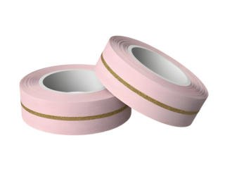 Two rolls of light pink decorative washi tape with shimmering gold glitter stripes isolated on a transparent background