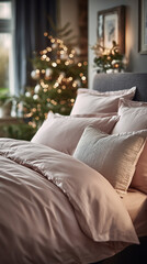 Przytulne ł&oacute;żko z elegancką, pudrowor&oacute;żową pościelą i poduszkami w sypialni udekorowanej na święta, z rozświetloną choinką w tle.