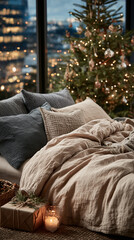 Przytulne ł&oacute;żko z beżową i szarą pościelą na tle dużego okna z widokiem na nocne miasto oraz choinkę z lampkami w tle.