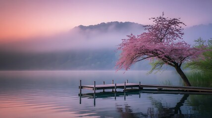 Cherry blossom tree over misty lake at dawn with a wooden pier
