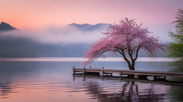 Cherry blossom tree by a serene lake at misty dawn with a dock