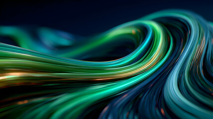 The image shows curved, vibrant light trails of blue and green against a dark backdrop, resembling motion or energy flow in an artistic representation.