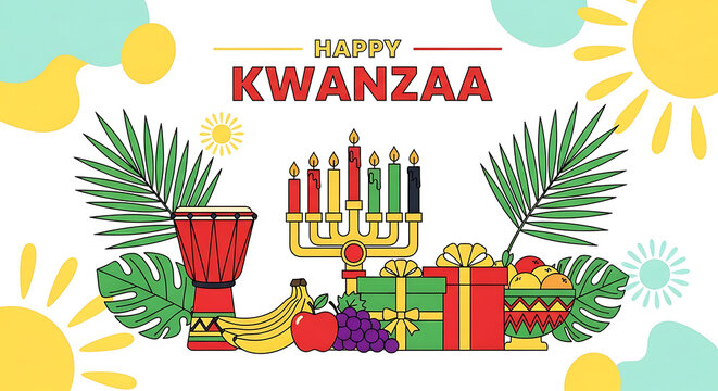 Happy kwanzaa celebration with kinara gifts and drum