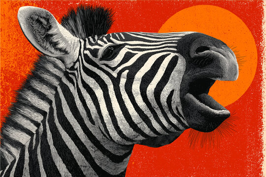 Fototapeta Pop-artowy portret Zebry w czarno-białe pasy, z szeroko otwartym pyskiem, krzyczącym lub śmiejącym się. Tło jest minimalistyczne, pomarańczowo-czerwone z dużym słońcem.