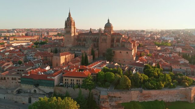 Aerial view of the historic cityscape of Salamanca at sunrise, Spain