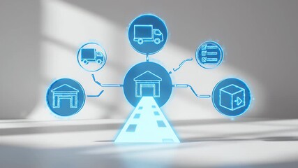 Digital Supply Chain Network Diagram in Blue on White Background with Shadow Effects - Powered by Adobe