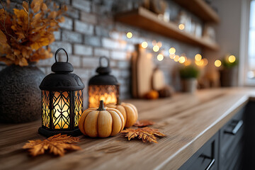 Obraz premium Przytulny, jesienny wystrój kuchennego blatu: dynie, lampiony ze świecami, opadłe liście klonu i wazon z suszonymi kwiatami na tle ceglanej ściany i światełek.