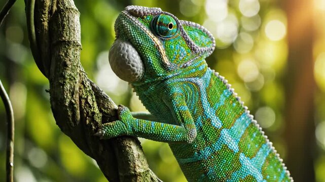 Close up of a brightly colored chameleon clinging to a vine in the jungle