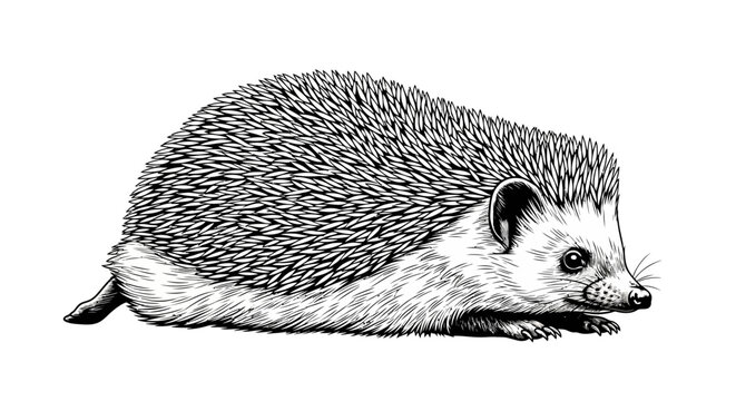 Detailed black and white illustration of a european hedgehog in profile on a white background