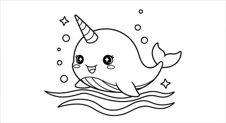 Cute cartoon narwhal with a unicorn horn swimming in the ocean waves © Fozlul
