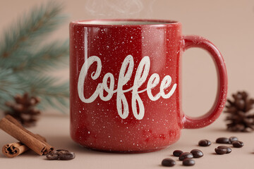 Czerwony, ceramiczny kubek z napisem 