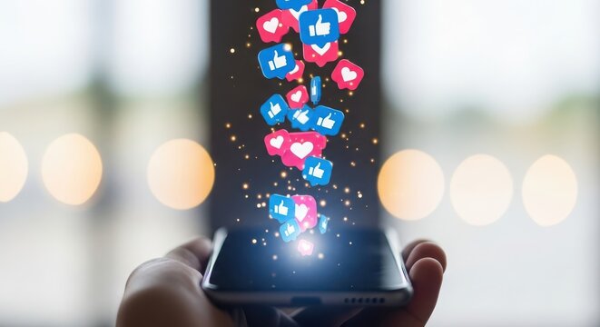 Social media likes and hearts icons exploding from a smartphone held in a hand, symbolizing online engagement and digital communication