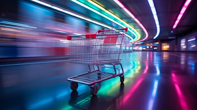 Fast moving shopping cart with neon light trails in modern retail.