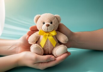 Beige teddy bear with yellow ribbon in hands on blue background, banner template for childhood cancer awareness month child care charity donation or gift campaign promotion with copyspace.