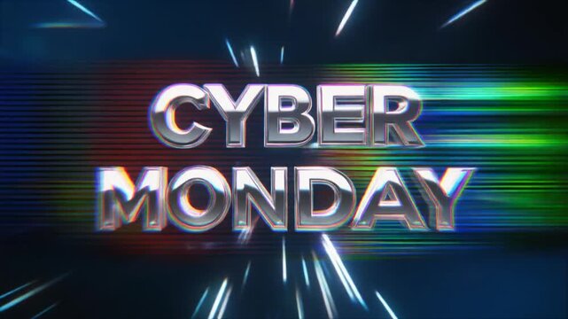 Cyber Monday promo with dynamic metallic text and streaming light effects for sales and marketing events, a modern promotion for online retail campaigns