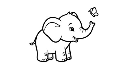 Cute cartoon baby elephant playing with a butterfly in a simple line drawing style