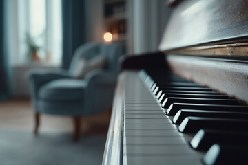 Detal brązowego, drewnianego pianina w salonie. Klawiatura na pierwszym planie, a w tle rozmyty fotel i przytulne, nastrojowe oświetlenie świec.