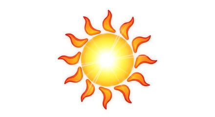 Bright yellow sun with fiery orange rays emanating outward against a clean white background