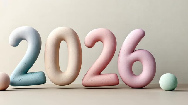 Colorful numbers arranged to represent the year 2026 create a simple yet striking visual in a minimalist environment