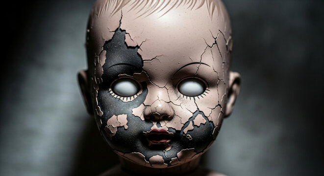Close up of old creepy baby doll head with cracked face and white eyes, banner template for Halloween horror movie poster vintage spooky or Island of Dolls concept with copyspace.